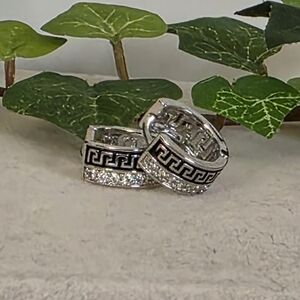 Small White Gold Filled Huggie Hoop Earrings Greek Key Design